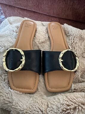 a new day Black Slide Sandals with Gold Round Buckles